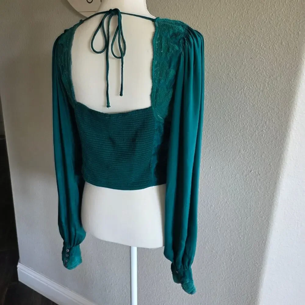 #498 Free People Teal Knit Top with Lace Detail